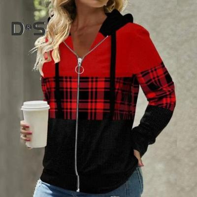 Herbst Damen Hoodies Mode Kariertes Muster Reißverschluss Knopfleiste Strickjacke Jacke Normale Passform Lange Ärmel Lässiger Kapuzenmantel Frühling Herbst Damenbekleidung