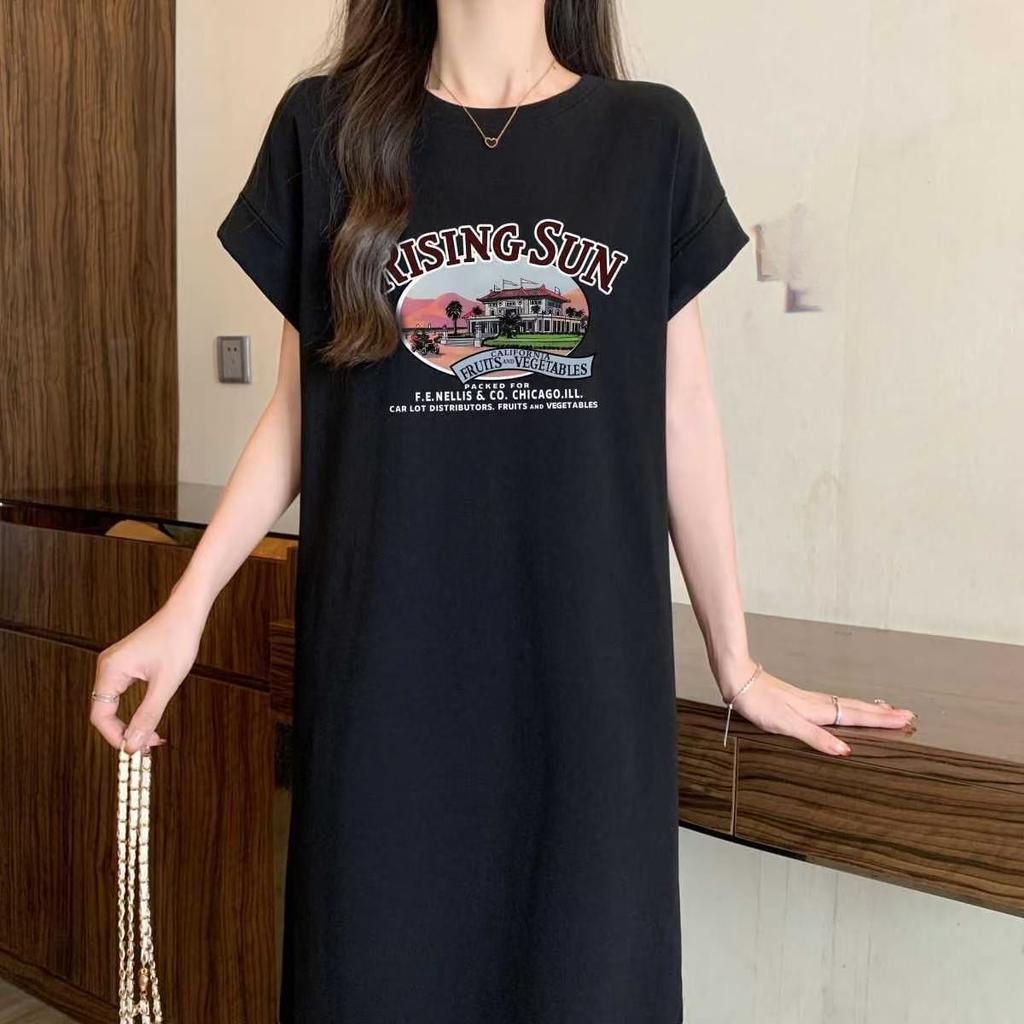 Letter-printed Korean-style Short-sleeved T-shirt Dress for Women, Loose and Casual, Plus-size Small Flying Sleeve Slit Dress, Long Dress for Summer
