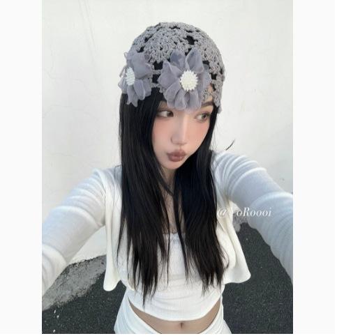 Fashion Handwoven Hollow Baotou Hat Women'S Crochet Ethnic Style Tassel Ear Protector Strap Sleeve Knitted Hat