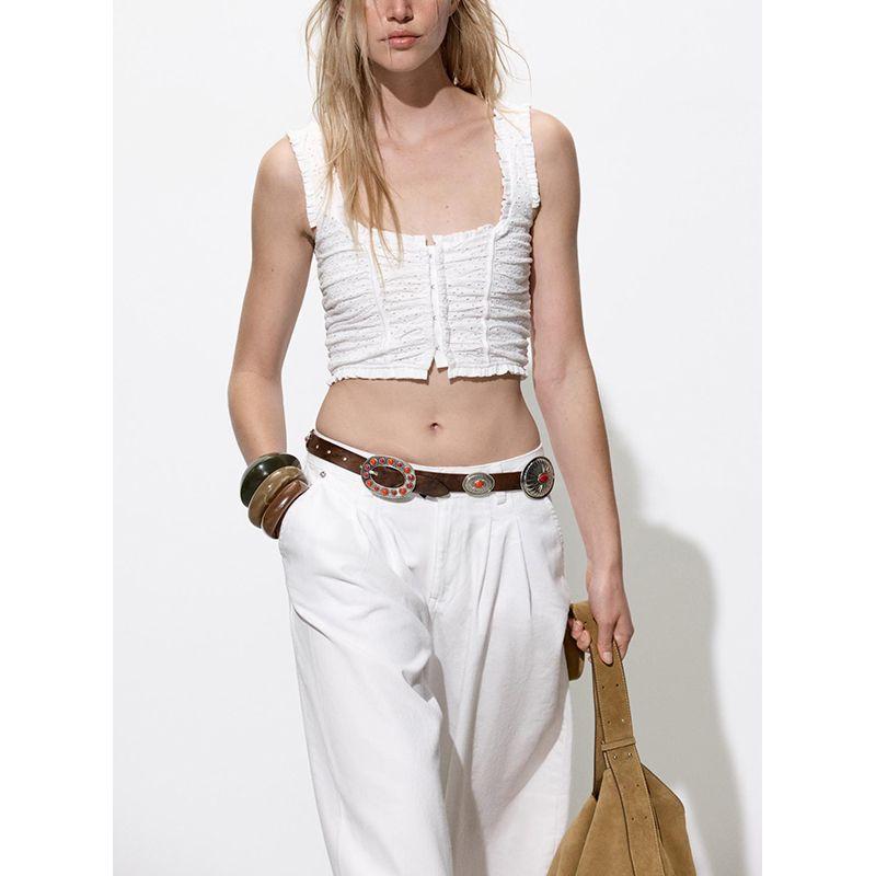 Spring and Summer Women's Clothing Metal Hooks Cotton French Hollow Embroidered Wide Shoulder Strap round Neck Tops 4174380