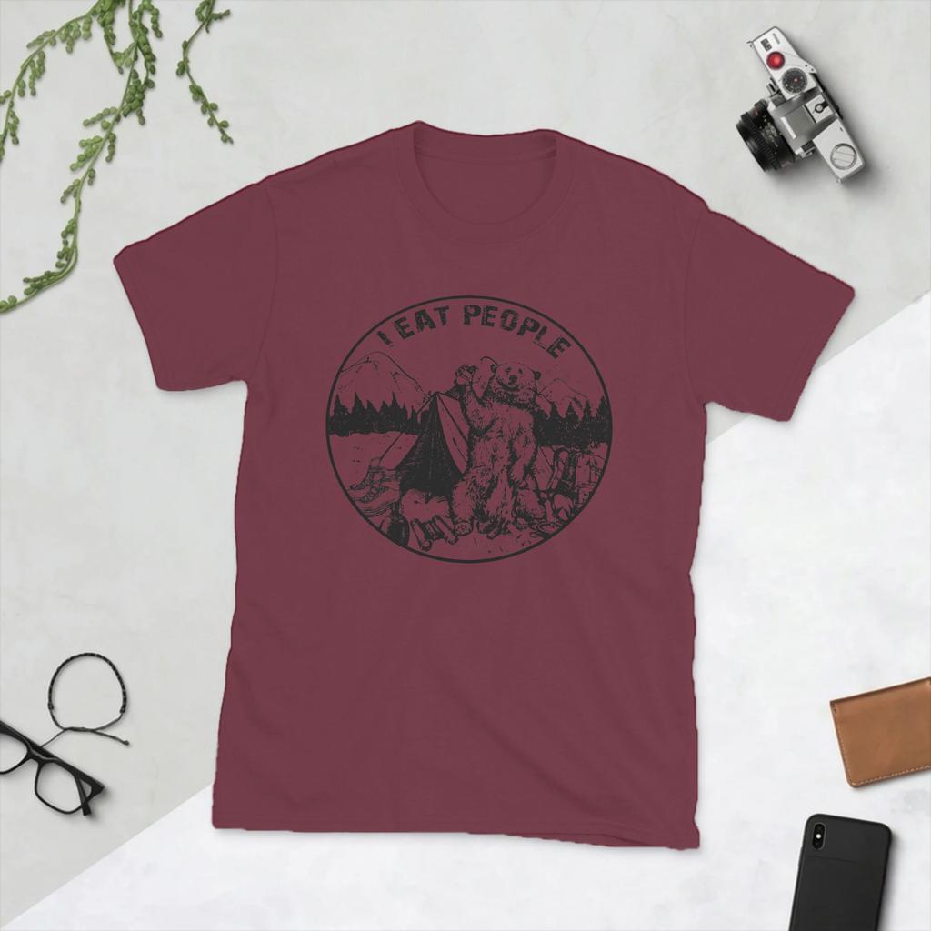 Novelty I Hate People I Eat People Bear TShirt Unisex O Neck Pure Cotton T Shirts Camping Hiking Short Sleeve Tees Printed Clothes