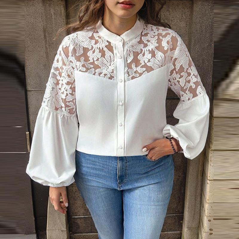 

ZANZEA Женские винтажные рубашки с круглым вырезом и длинным рукавом белый