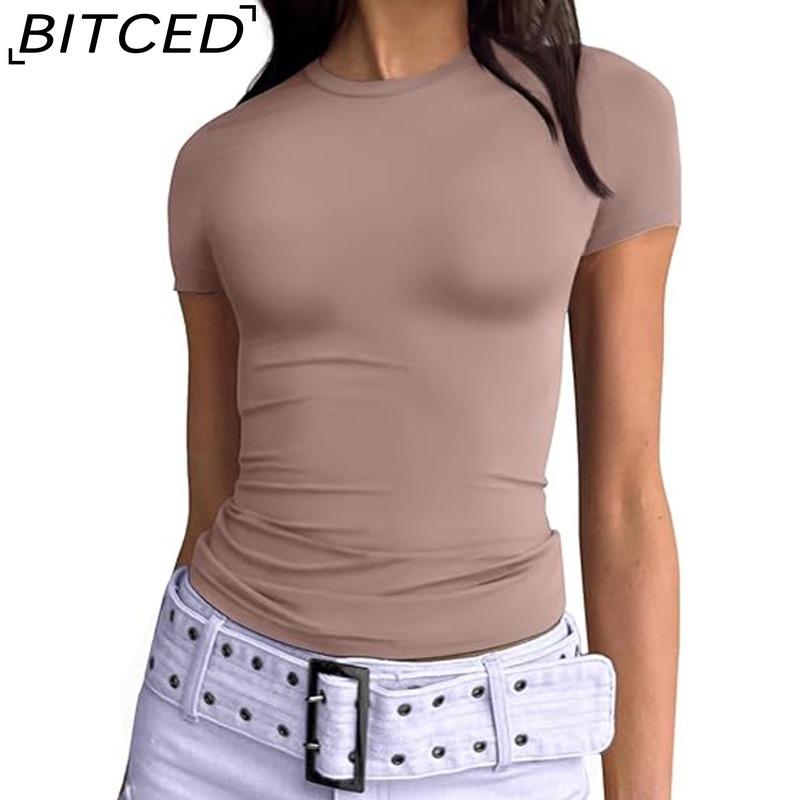 BITCED Damska koszulka z długim rękawem na lato: Stylowe topy z dekoltem O, dopasowane, do noszenia jako warstwa zewnętrzna