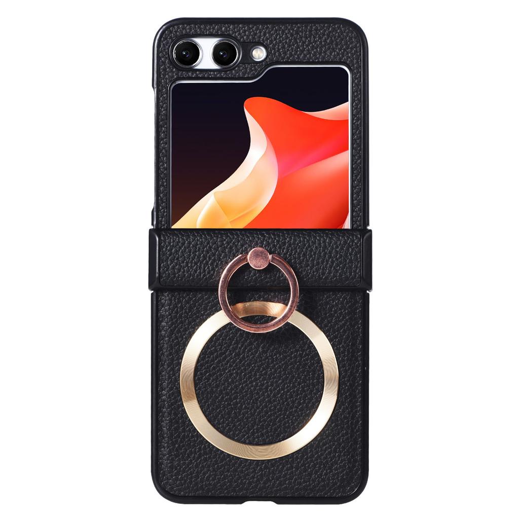 For Samsung Galaxy Z Flip6 5G Magnetic Case with Ring Kickstand Leather+PC Phone Cover Hinge Protection