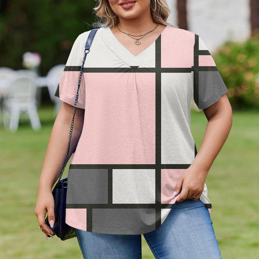 Women's Plus Size Fashionable Casual Loose-Fit Short Sleeve Elegant V Neck Blouse For Work