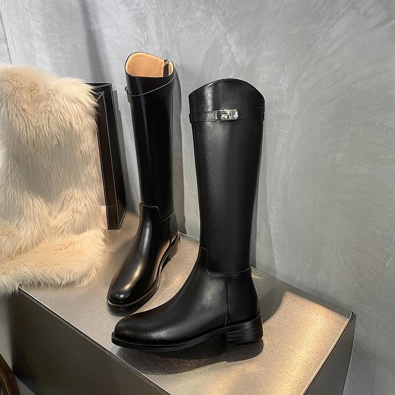 Plateau-Lederstiefel für Damen im Herbst und Winter 2025, neue hochschaftige High-Knight-Stiefel mit dickem Absatz und Diamantschnalle, aber Kniestiefel für Damen