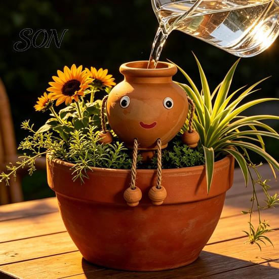 Self Watering Spikes for Potted Plants Terracotta Spike, Cute Face Plant Insert Decorative Smiling Doll Stakes Plants, Clay Automatic Waterer