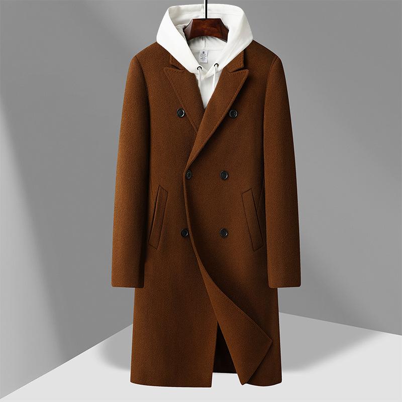 Manteau en laine double face 100% laine pour homme, classique long au-dessus du genou, croisé, avec doublure amovible en duvet, manteau en laine