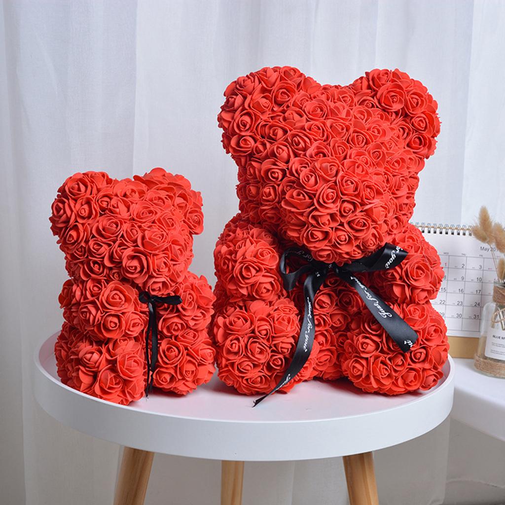 9.8in Artificial Cute Bear Rose Flower for Wedding Anniversary Including Transparent Gift Box Red