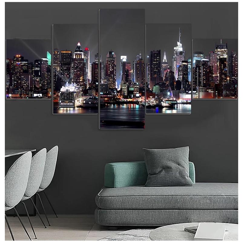 5 Pieces New York City Scenery Pictures Canvas Painting Prints Night View Poster Home Decor Wall Art for Living Room NO FRAME