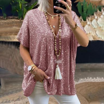 2026 Women's Urban Casual V-Neck Sequin Loose Fit Short Sleeve T-Shirt