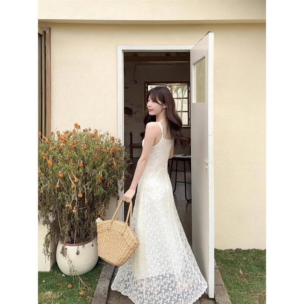 Spot French embroidered lace suspender dress women's summer high-end temperament first love seaside vacation beach dress