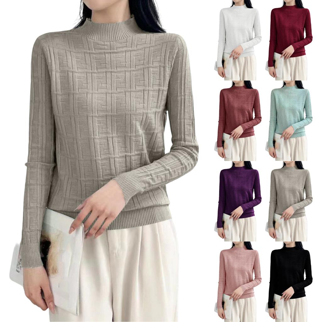 Women's Half Turtleneck Sweater Loose Slimming Long Sleeve Plaid Knitted Bottoming Shirt