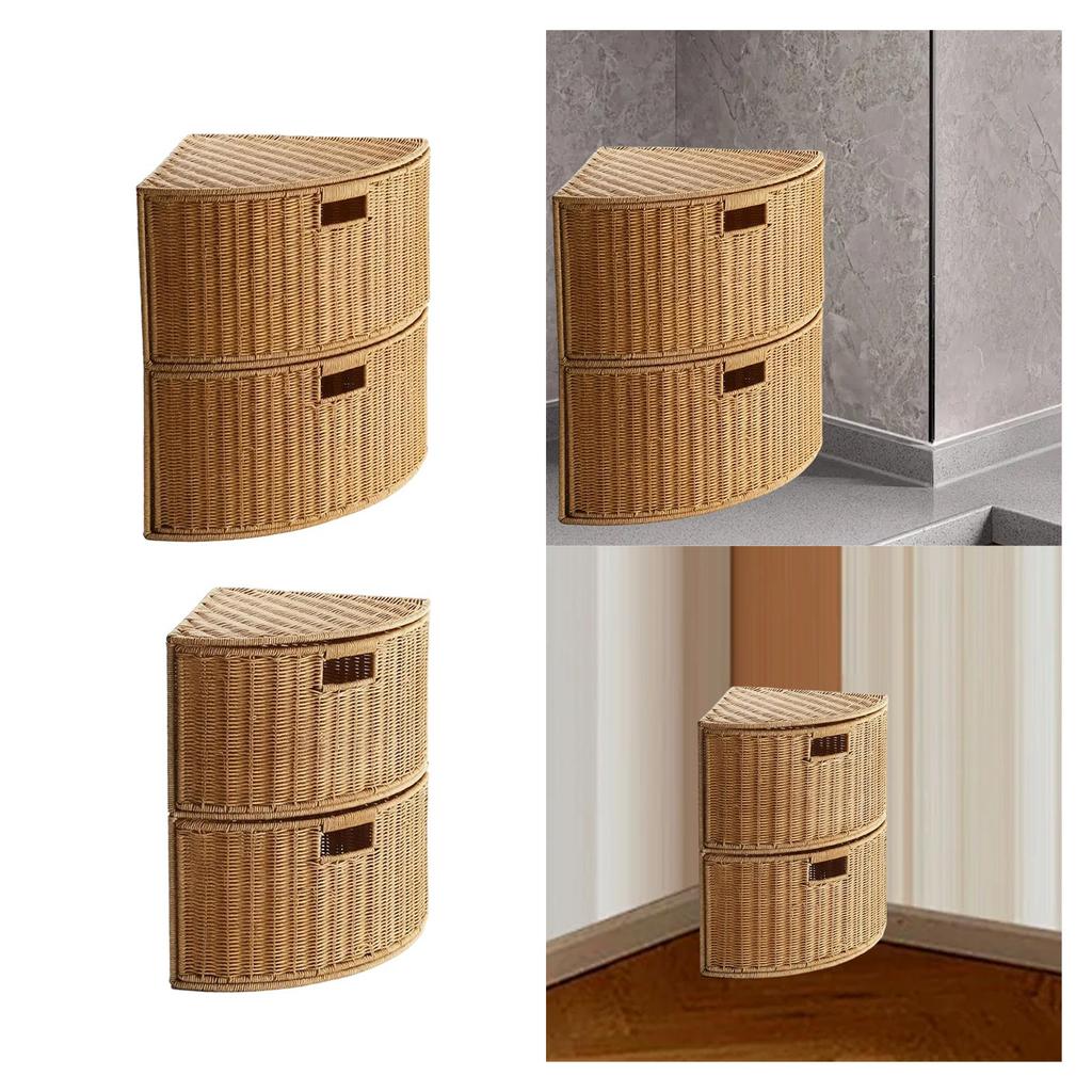Corner Storage Basket Fan Shape 2 Tier Versatile Stackable Wardrobe Organizer Woven Organizer Dustproof Lid for Office Magazines
