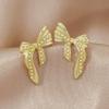 Eco-friendly Gold Bow Earrings with Rhinestone and Pearl Stud