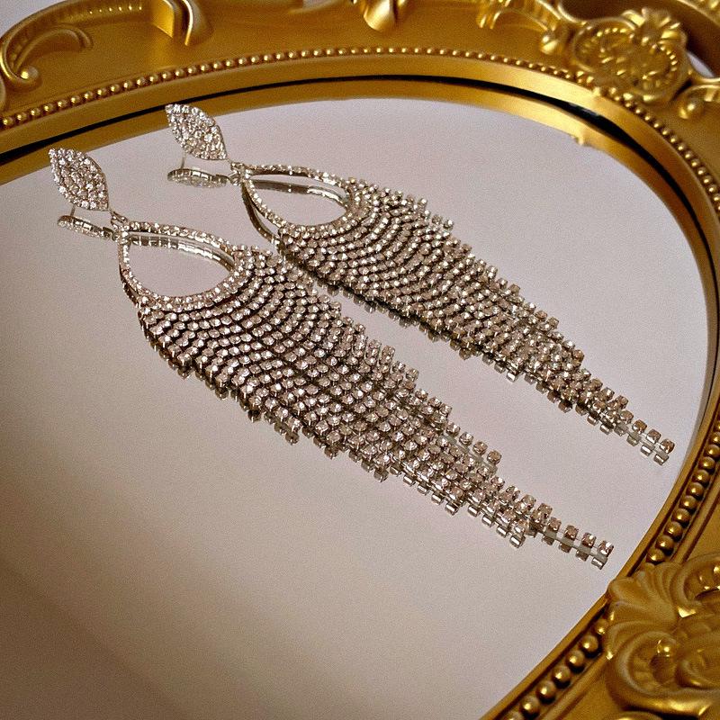Light luxury style diamond-encrusted water drop long fringed silver needle earrings personality exaggerated niche temperament high-end earrings