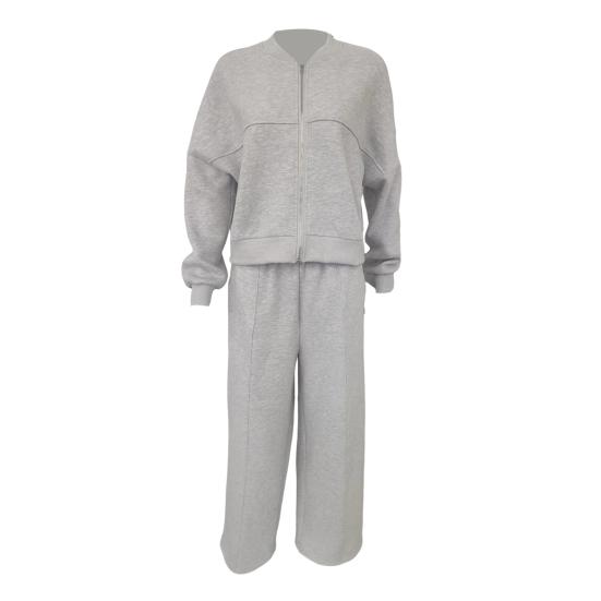 2 Pcs/Set Women Coat Pants Set Stand Collar Long Sleeve Zip-up Elastic Cuff Jacket Drawstring Stretchy High Waist Wide Leg Trousers Sport Fitness