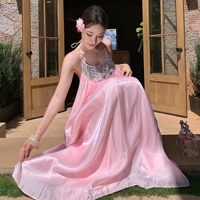 Birthday Party Vacation Pink Fairy Dress Beaded Sequins Beautiful Beach Dress Suspender Dress
