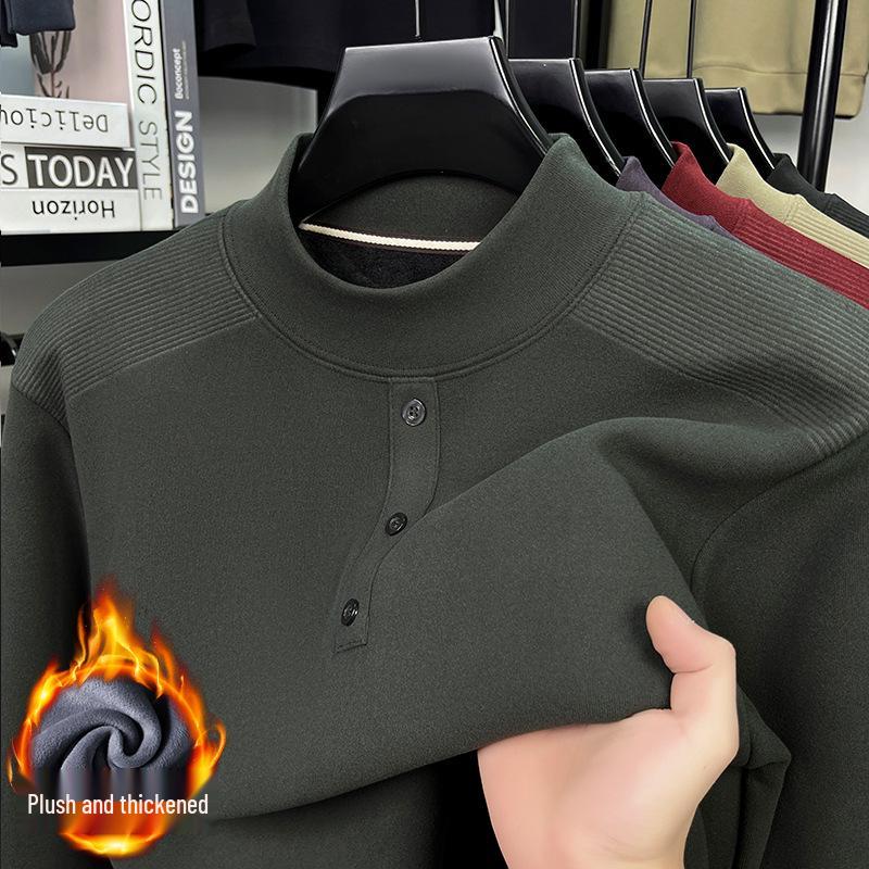 Men's Thickened Fleece Base Layer Shirt: Long Sleeve, Half-High Collar, Solid Color, Warm Autumn/Winter Wear.