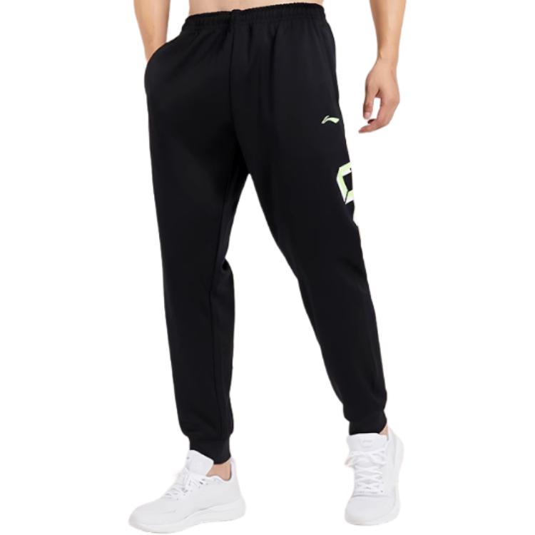 Li-Ning Sports Fashion Series Letter Print Drawstring Cuffed Mid-Waist Knitted Sports Pants Men bottoms Standard-Black YKLU275-3