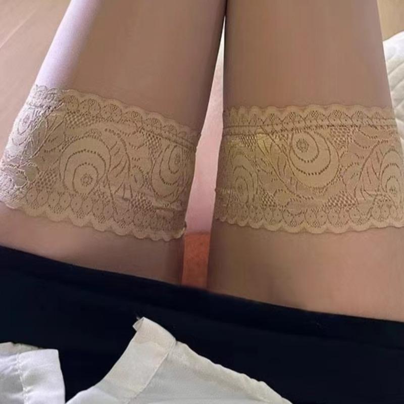 Cuban Heel Back Seam Stockings Contrast Color Lace Patchwork Stockings For Women 1D Thin Oil Shiny Over Knee Non-slip Hosiery