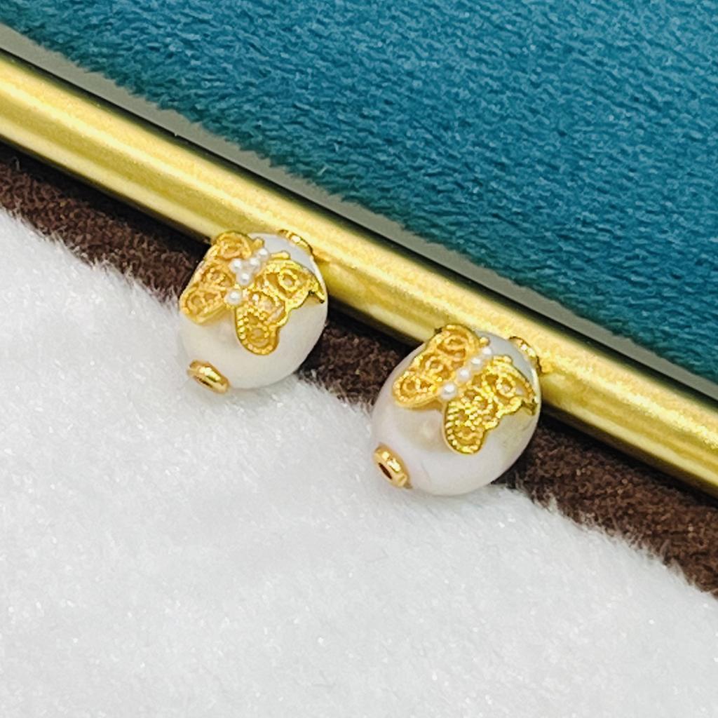1Pc, Artificial Pearl Beads with Golden Butterfly Decor Accent, Fantasy Style Handmade Rice Beads for DIY Materials Accessories, Jewelry Making 8×12mm