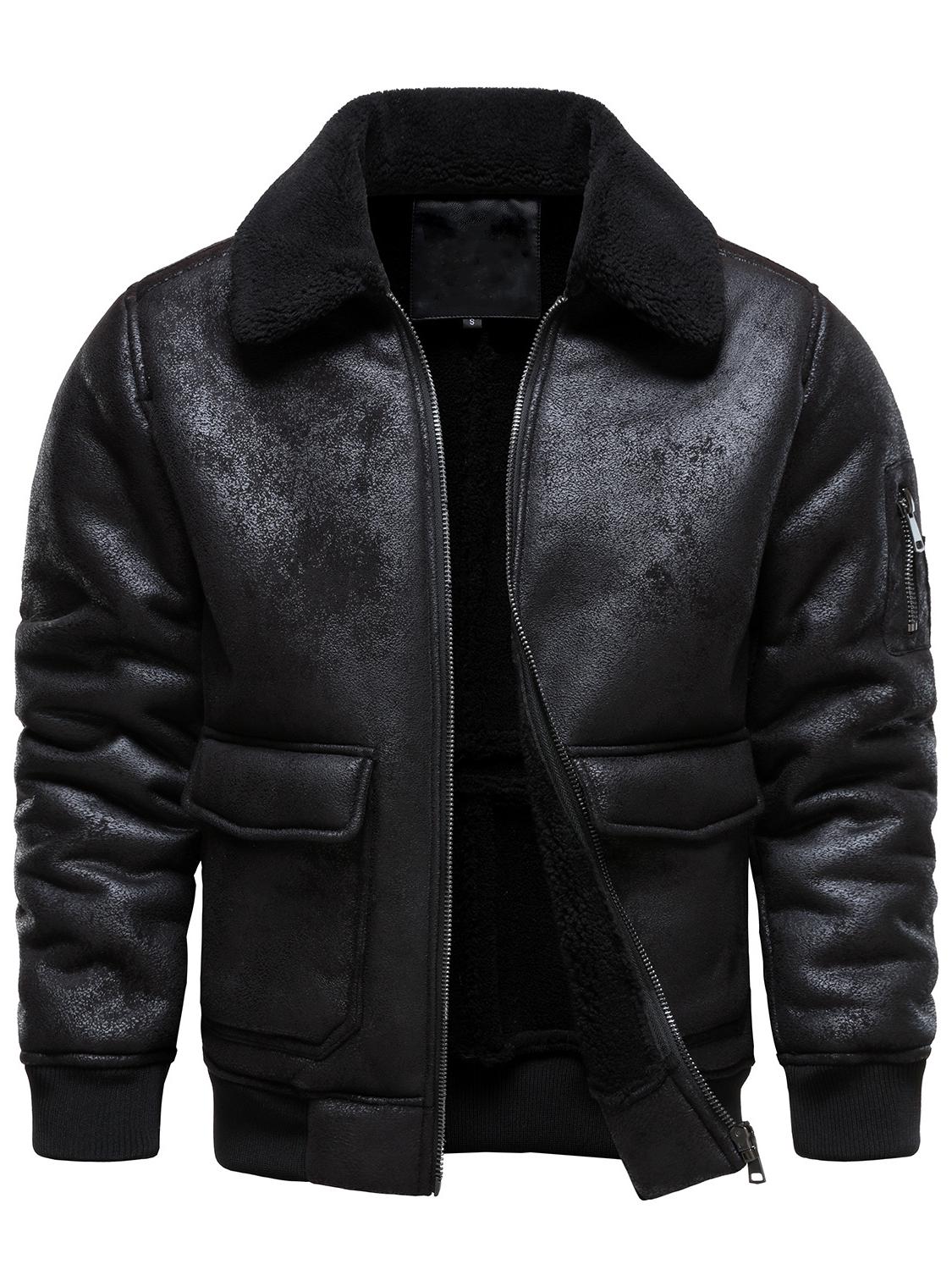 2025 Herren Freizeit Winter Lederjacke mit Pelzfutter und Plus Samt, mit Rechnungsoption S schwarz
