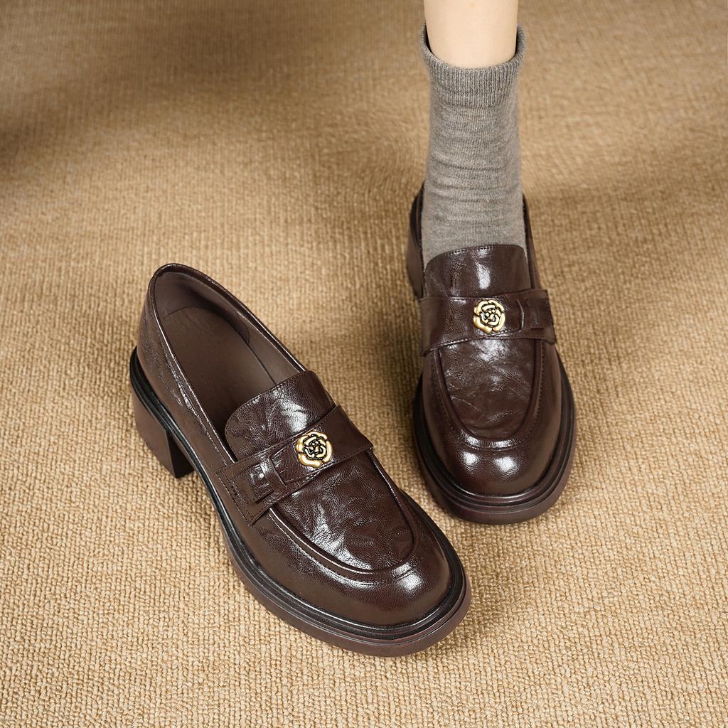 New Women Shoes Leather Pumps Fashion Chunky Heel High Heel Shoes Street Slip-on Loafers