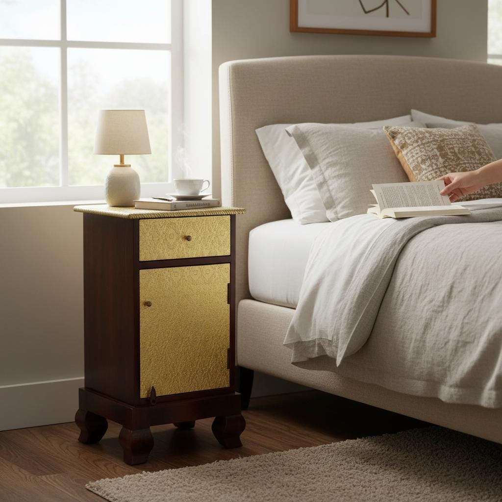 Wooden Nightstand with Embossed Brass Panels Desk Dressers Style Bedside Drawer