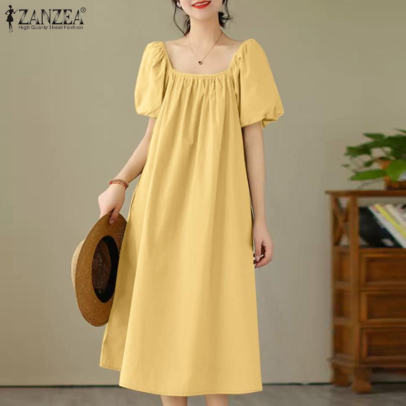 ZANZEA Women Square Collar Loose Casual Summer Short Sleeve Dress