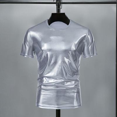 Summer Men T-shirt Glossy Surface Bronzing Slim Fit O Neck Solid Color Short Sleeves Pullover Party Club Performance Dance Streetwear Top