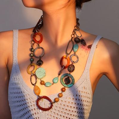 Boho-Chic Vintage Hars Ketting met Geometrische Ronde Hanger - Perfect voor Truien, Veelzijdig Accessoire voor Alle Seizoenen