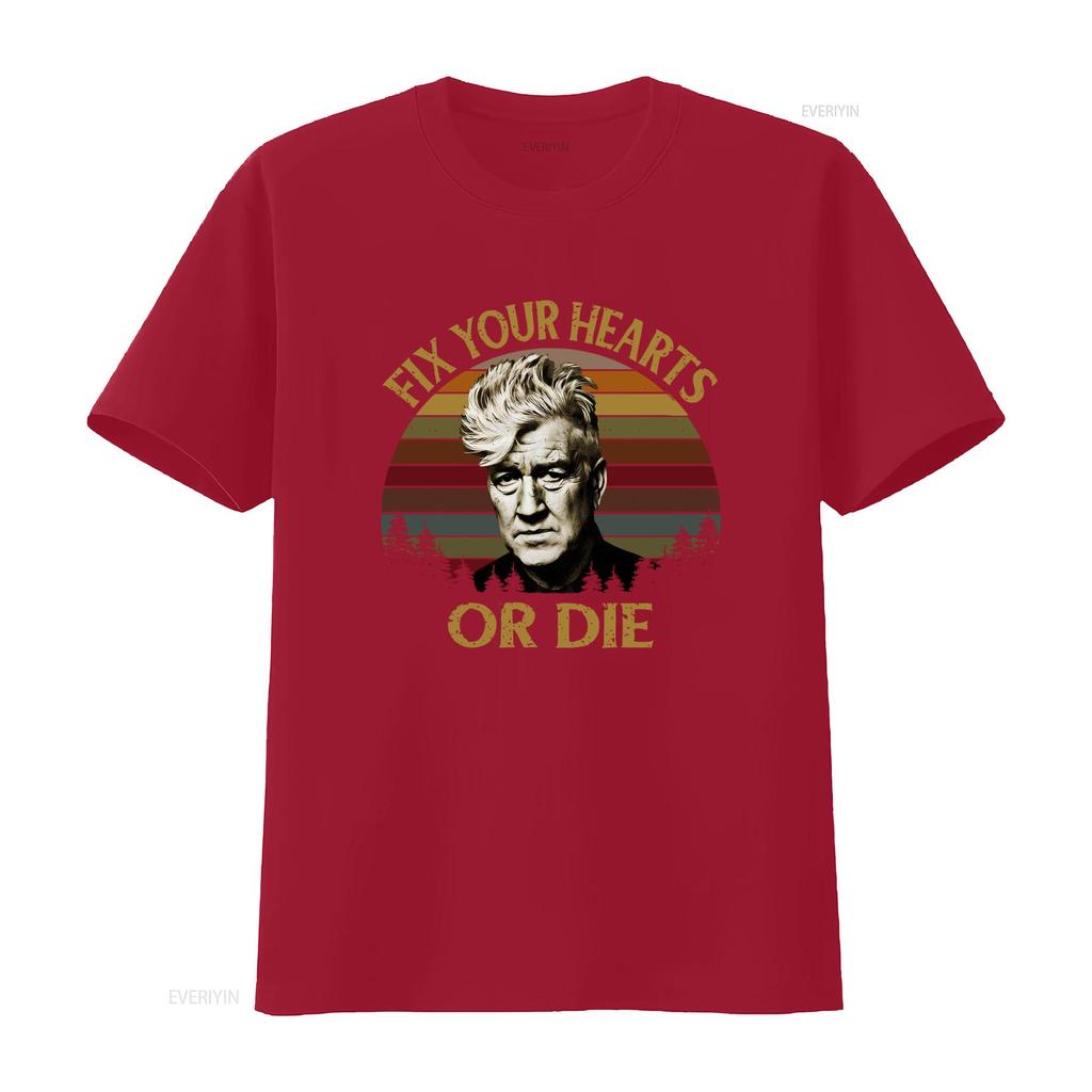 Retro David Lynch Fix Your Hearts Or Die Vintage T Shirt for Twin Peaks Fans vintage Washed homme Breathable