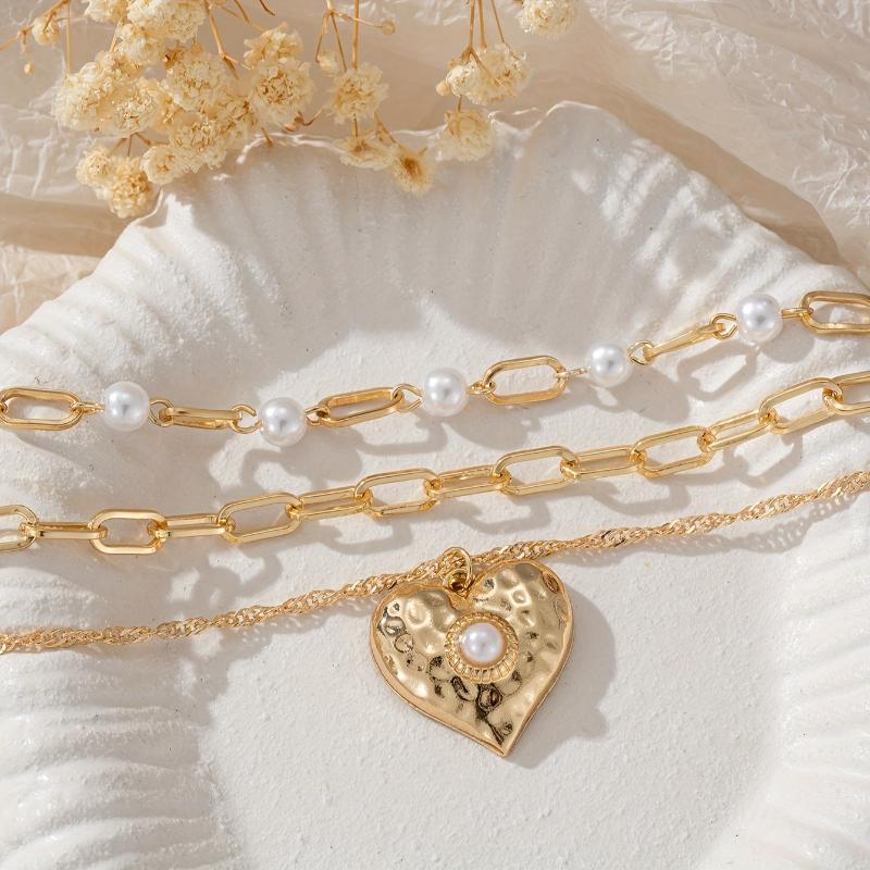 3pcs  Necklaces Elegant Women'S Love Pendant Imitation Pearl Beaded Multi-Layer Chain Party Banquet Jewelry