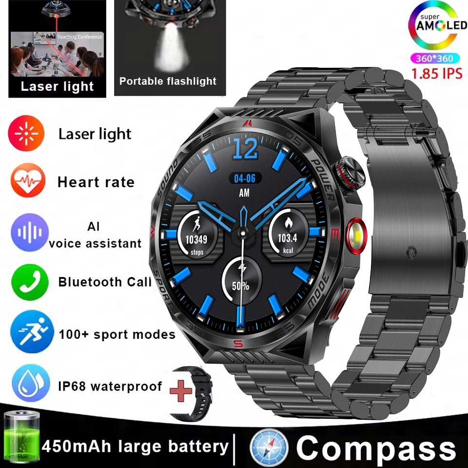 Outdoor Sport Compass Smartwatch Men Flashlight Laser Light 450mAh Battery GPS Sport Track Waterproof Bluetooth Call Smart Watch