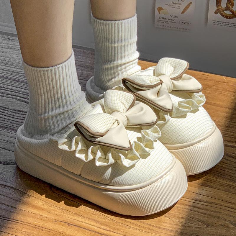 Retro Grid Bow Cotton Slippers Autumn and Winter Home Cute Less Heart Indoor Winter Warm Cotton Mop