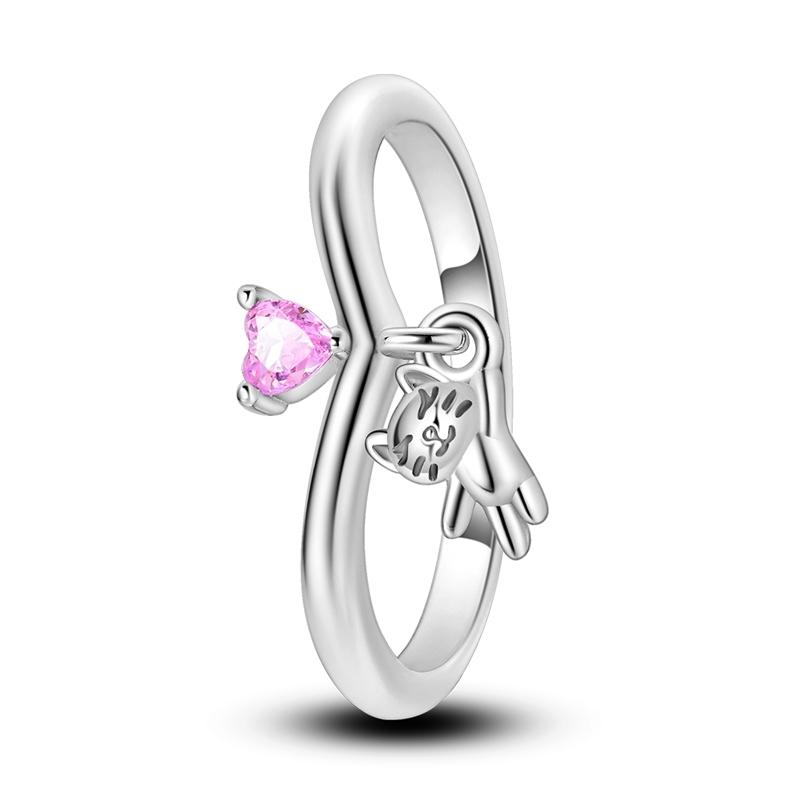 Charms Spring 925 Silver Color Rings Pink Heart Shaped Zircon Cat Rings for Woman Fine Romantic Wedding Engagement Jewelry Gifts