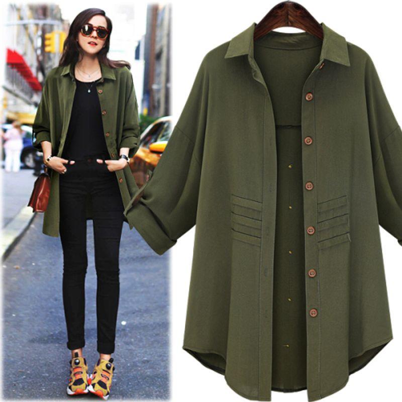 

Fashion Style Elegant New Arrival Loose Mid Length Long Length Casual Blouse Collar Lightweight Coat Outwear Trendy Women Army Green Plus size XXXXXL