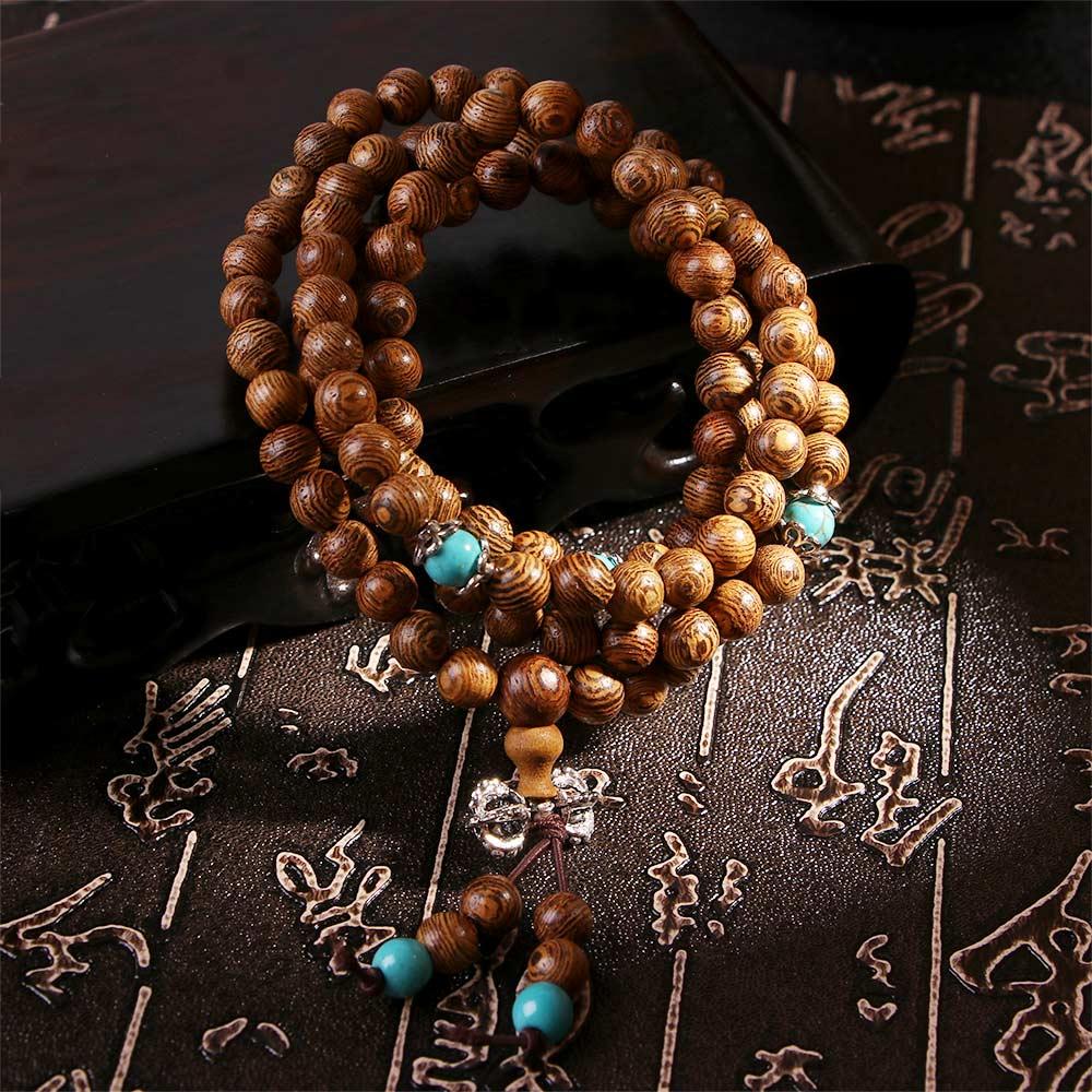 Wood Meditation Mala Tibetan 108 Rosary Wenge Buddhist Turquoise Bracelet