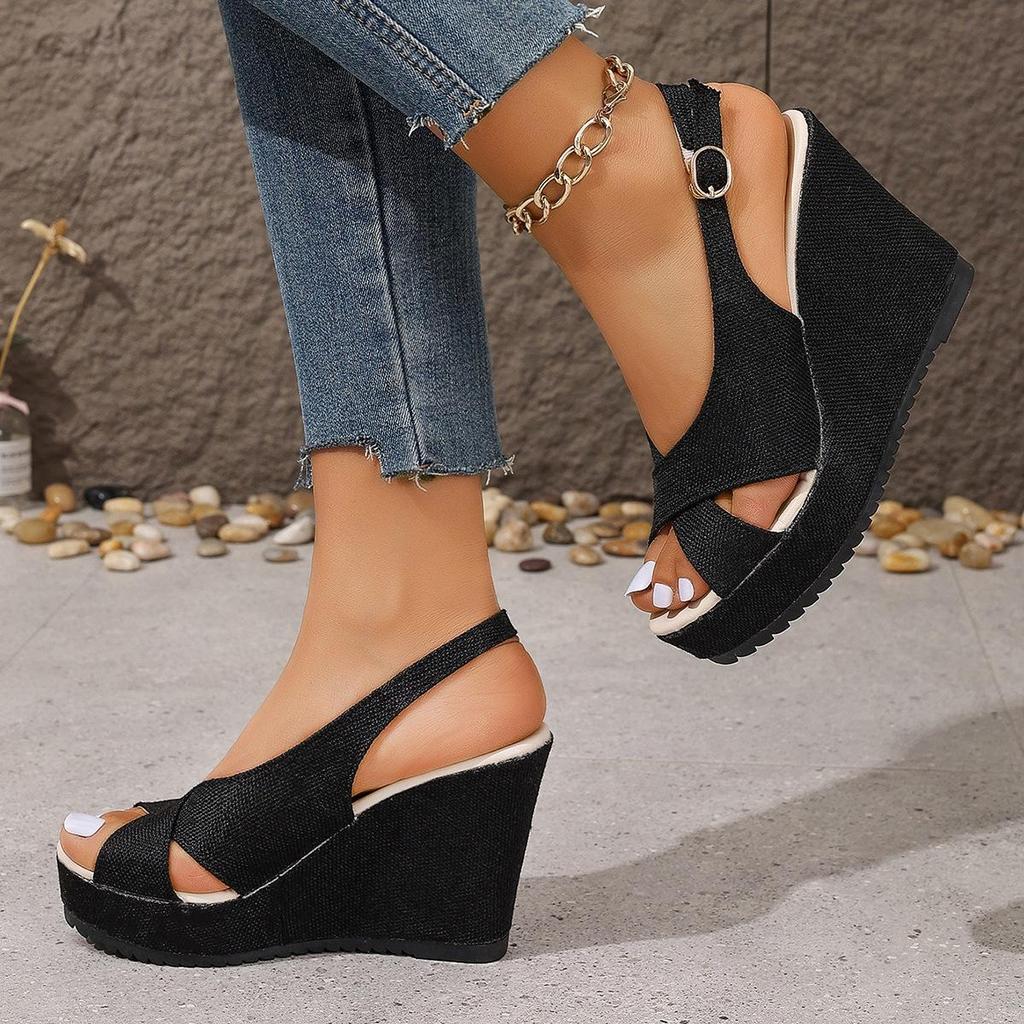 Thick-soled Wedge Sandals Women's  Large-size Denim Cross-buckle One-word with Cool Slippers Women