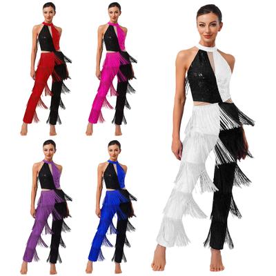 Tuta da donna latina anni '70 da discoteca petto paillettes lucide nappa frange pantaloni lunghi colore a contrasto body intero