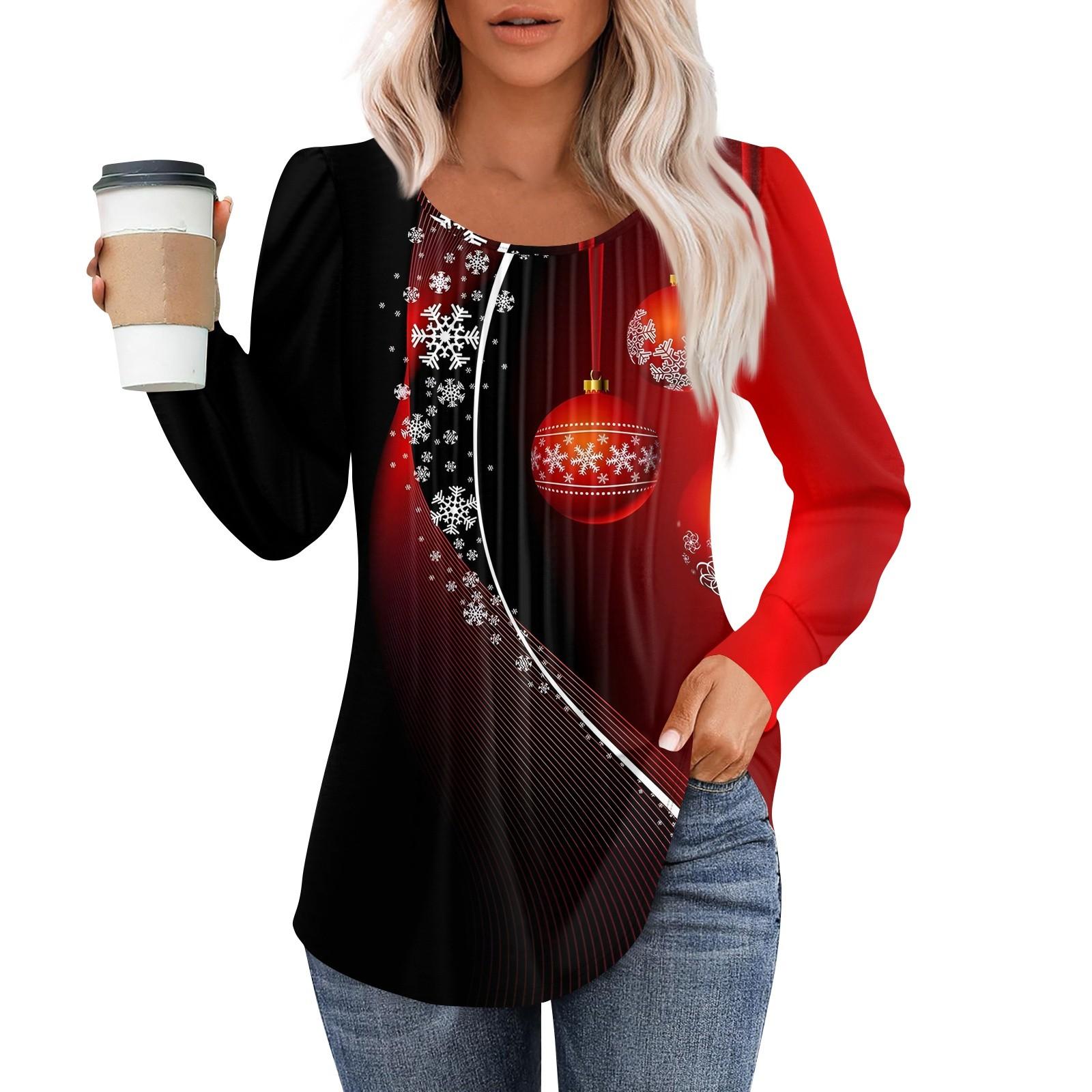 

Рубашки с длинным рукавом для женщин, топы, нарядные повседневные блузки с рождественским принтом, плиссированные туники с круглым вырезом XXL винный