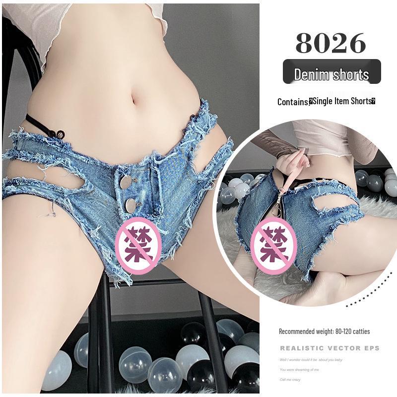 Linlin Ting Women's Low Waist Open Crotch Ripped Denim Lingerie Shorts - Sexy Nightclub Temptation Wear