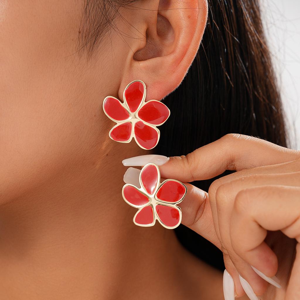 Vintage Oil Drop Flower Silver Needle Earrings Ankara Red Commuter Earrings