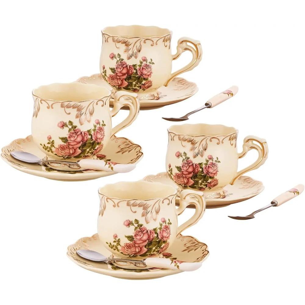 European Porcelain Tea Cups and Saucers Set, Vintage Floral Tea Cups Set, Ivory Gold Trim Floral Coffee Cups Set 8 Ounce