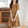 ZANZEA Women Casual Round Neck Summer Short Sleeve Dress