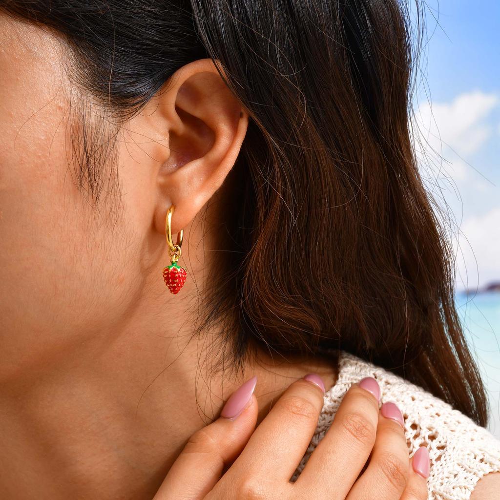 Women's Sweet Strawberry Drop Earrings,Gold Plated Stainless Steel Hoop Earrings for Girls,Cute Waterproof Jewelry Gift
