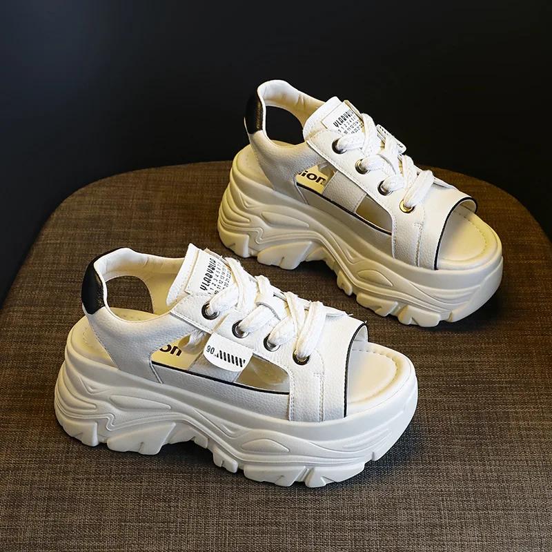 

8 см натуральная кожа тапочки шнуровка полые разноцветные сандалии с открытым носком платформа танкетка женские летние белые шлепанцы обувь 34 белый