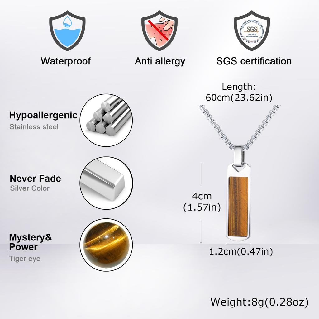 Vnox Geometrische Rechteck-Anhänger Halskette für Herren, Tigerauge Stein Vertikaler Stab Edelstahl Boxkette Halsketten, Party Geschenke
