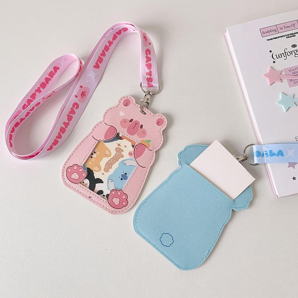 Cute Cartoon Animal Card Holder PU Leather Badge Holder Photocard Holder With Lanyard Waterproof Photo Protector Case